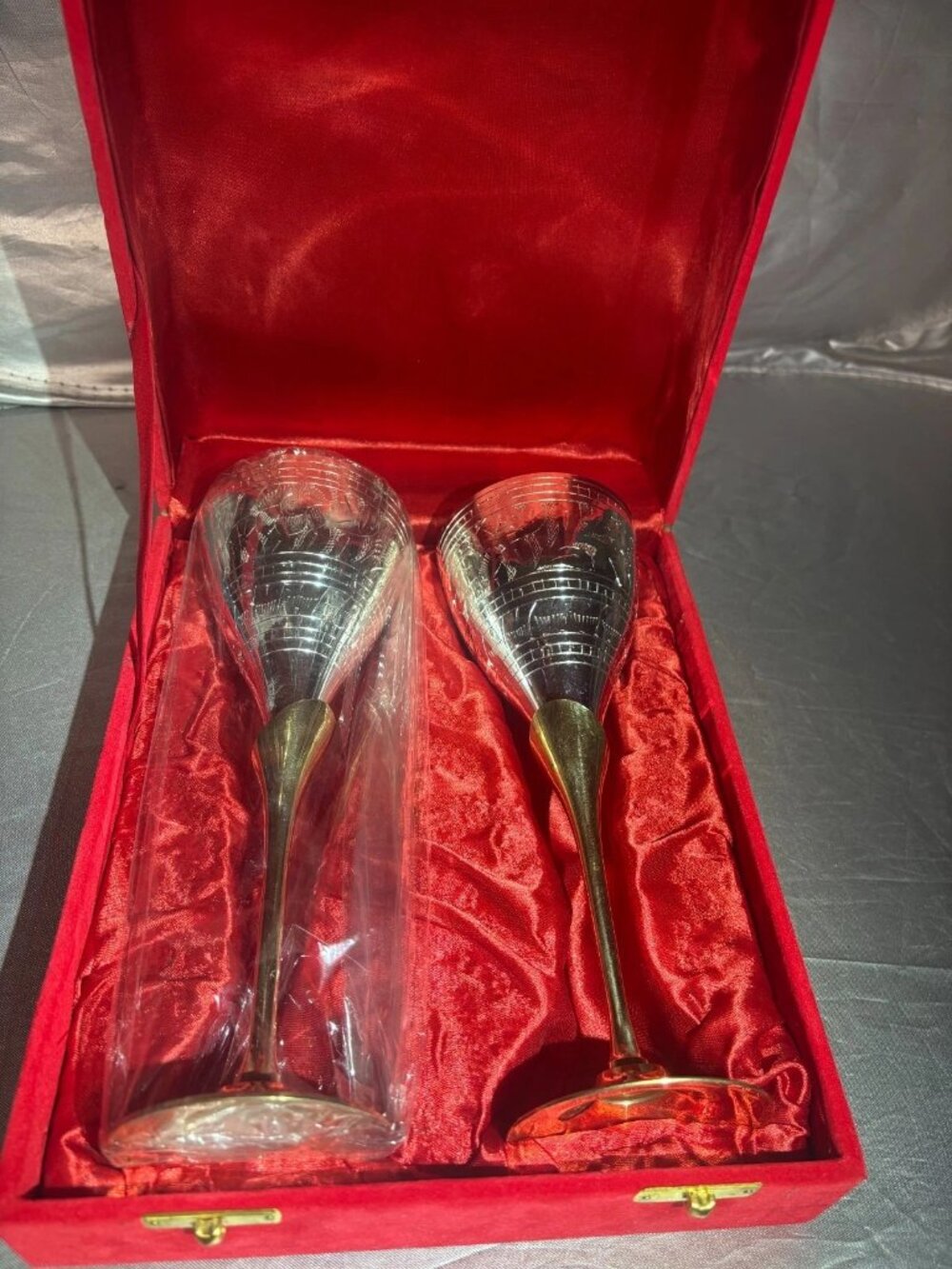 Silver Tone Goblet Set Pair In Red Presentation Case